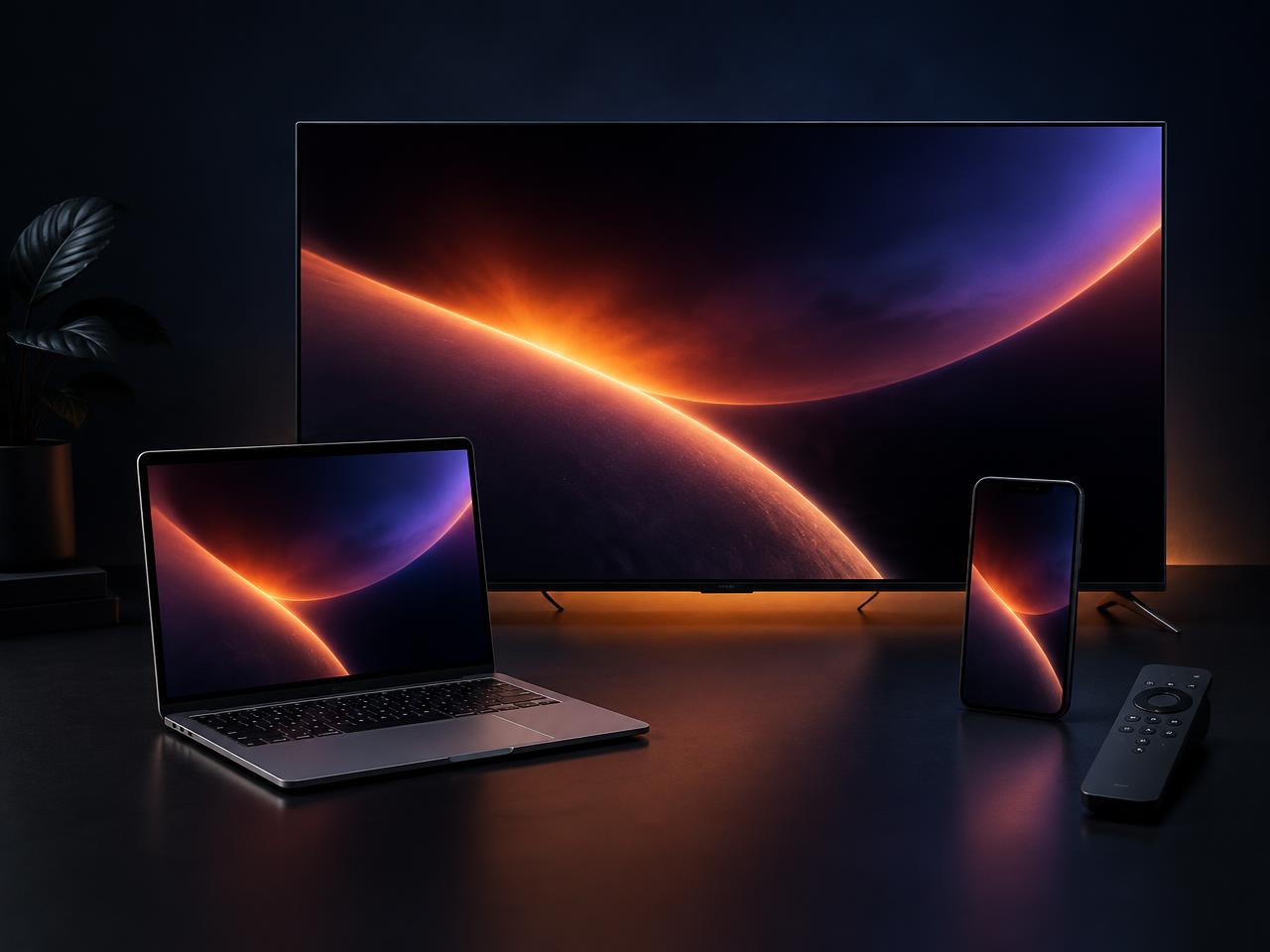 Smart TV, notebook, celular e controle remoto